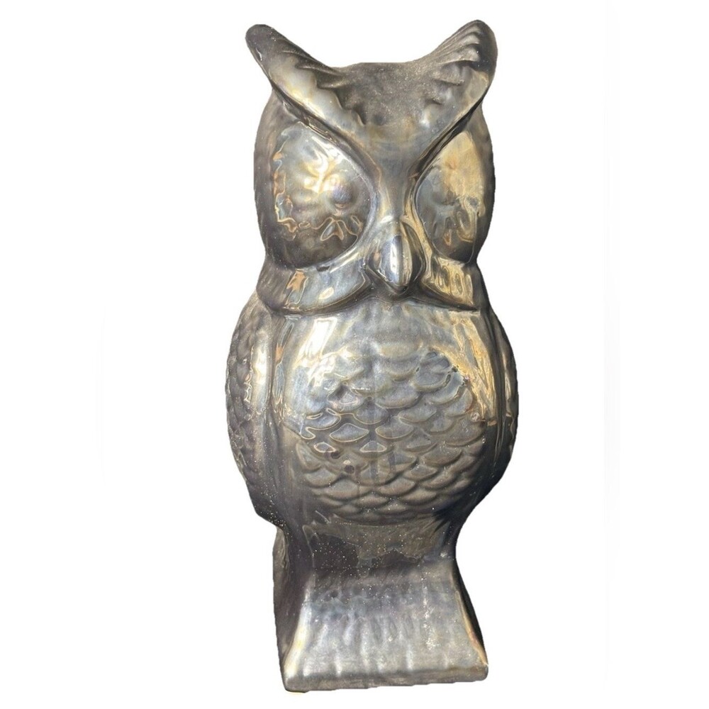 Vintage Ceramic Mold Black Iridescent Glossy Owl 12” Figurine Home Decor Shelf